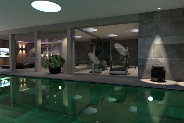 binnenzwembad betegeld, sportruimte, Technogym, homegym