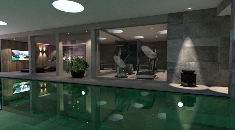 binnenzwembad betegeld, sportruimte, Technogym, homegym