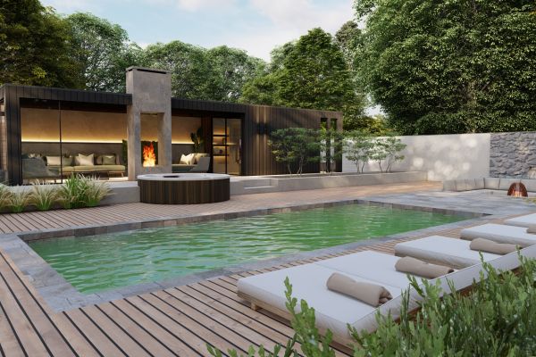 Groot betegeld zwembad ronde whirlpool buitenverblijf van zwart hout in grote tuin