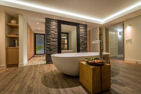 Interieurontwerp Spa wellness kelder, grote Wanda-kegel, steentsrips badkamer