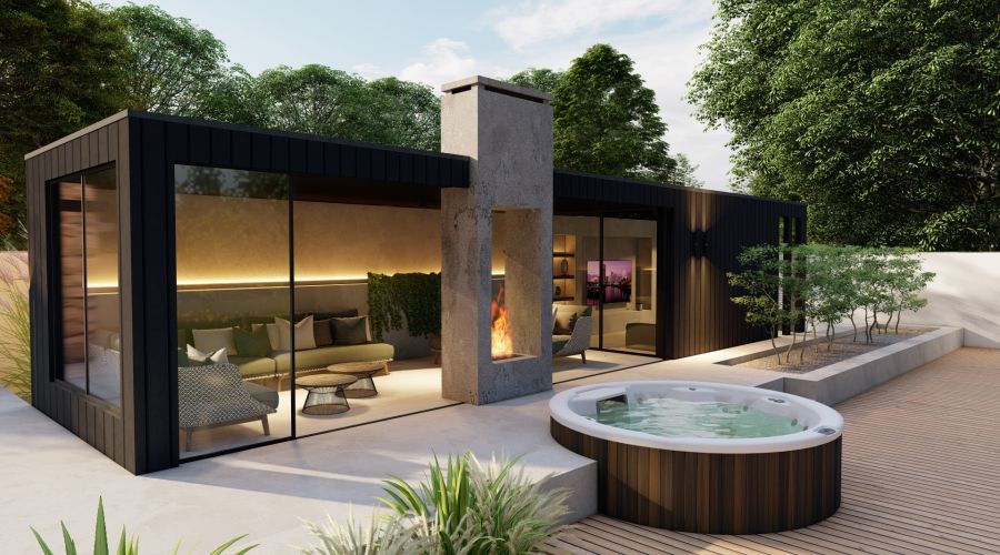 Rond spa bad zwart hout in verhoogd terras bij exclusief buitenverblijf